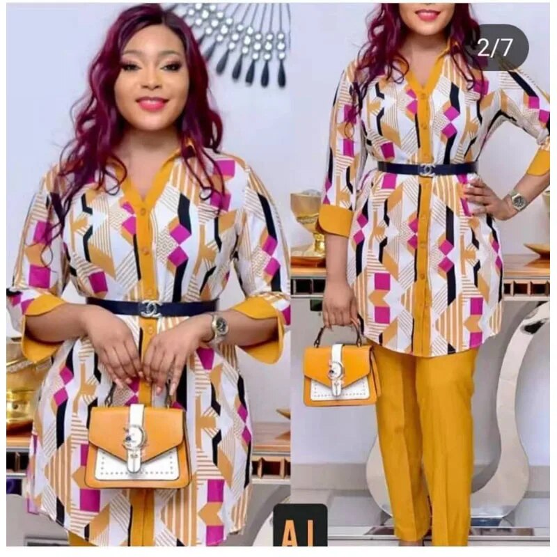 New Africa 4-Sizes Fashion  Dashiki Pants with Long Coat 2 Pieces Suit For Wome image 1