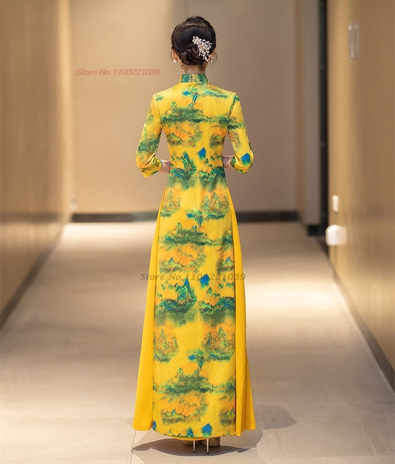 2024 chinese improved qipao dress vintage flower print cheongsam vietnam ao dai image 4