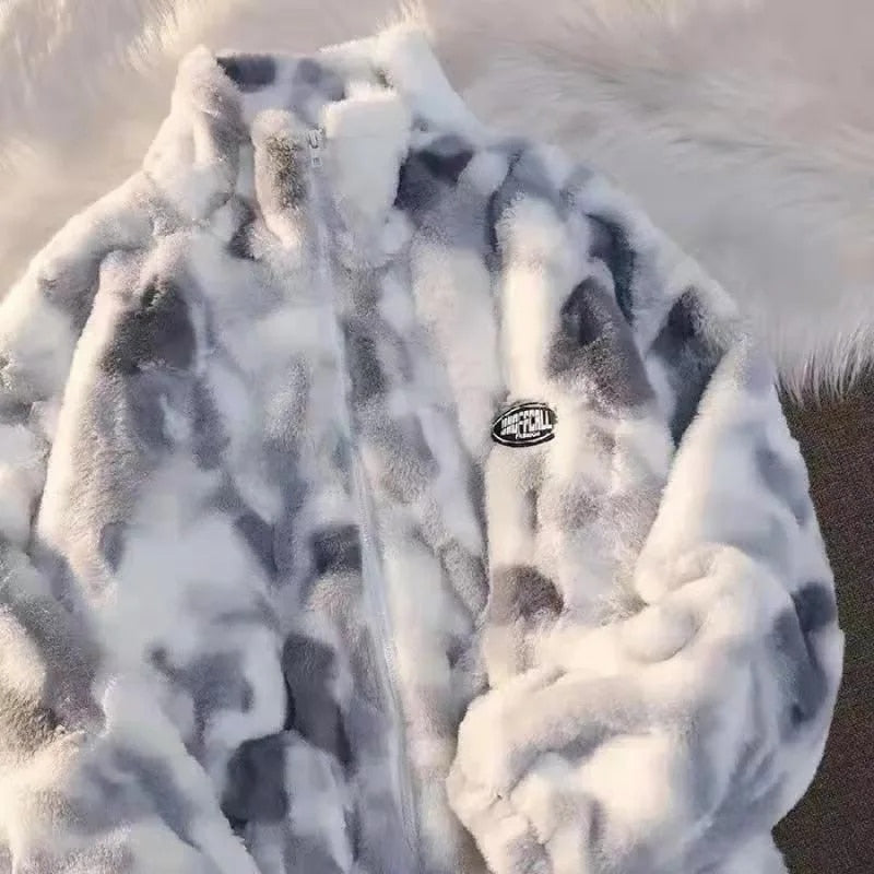 New Women's Tie Dye Lamb Fleece Jacket Autumn Winter Zipper Outerwear Warm Plus image 2