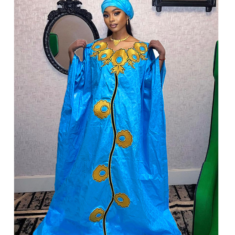 High Quality African Women Bazin Riche Dresses With Headscarf Embroid Stone Nig image 1