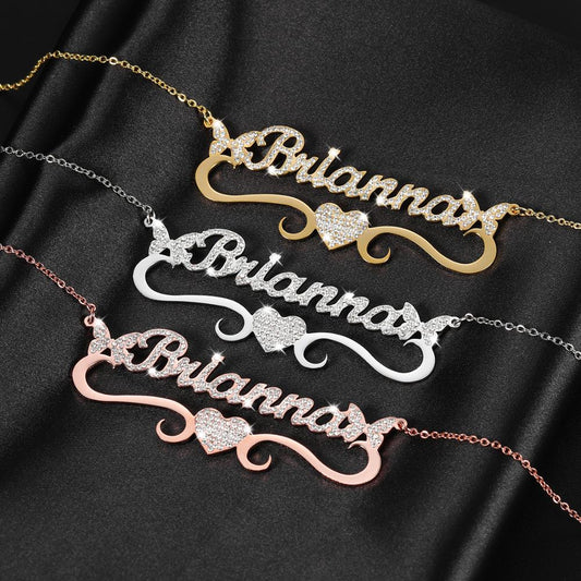 Personalized Heart Iced Out Name Necklace Butterfly Pendants Stainless Steel image 0