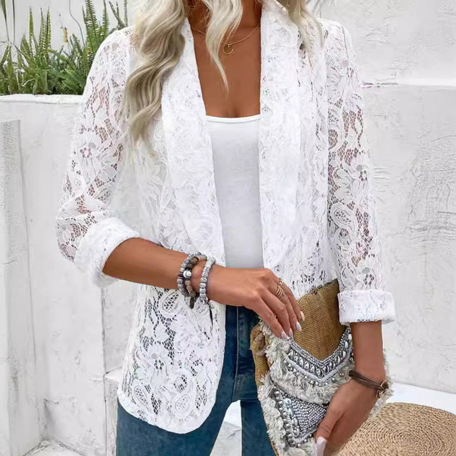 White Lace Hollow Out Women's Suit Coat Solid Open Stitch Blazers Outdoor Forma image 2