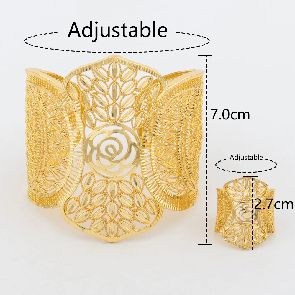 Dubai Cuff Bangle with Ring For Women 18k Gold Plated Copper Bracelet Jewelry N image 5