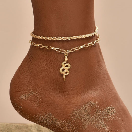 Simple Vintage Double Layered Anklets Snake Pendant Golden Anklet Personalized image 0