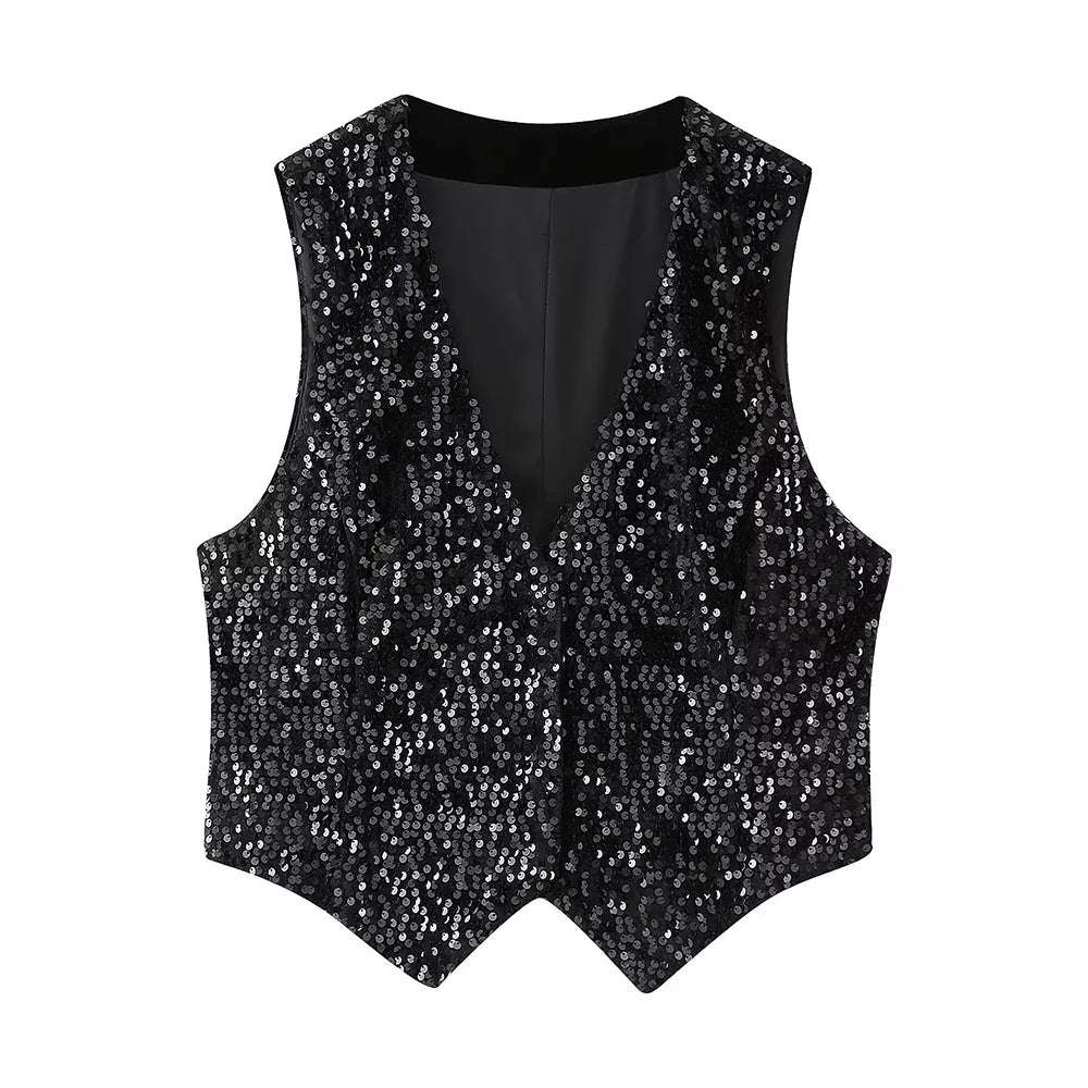 Willshela Women Fashion With Sequined Black Sleeveless Jackets Waist Vintage V- image 0