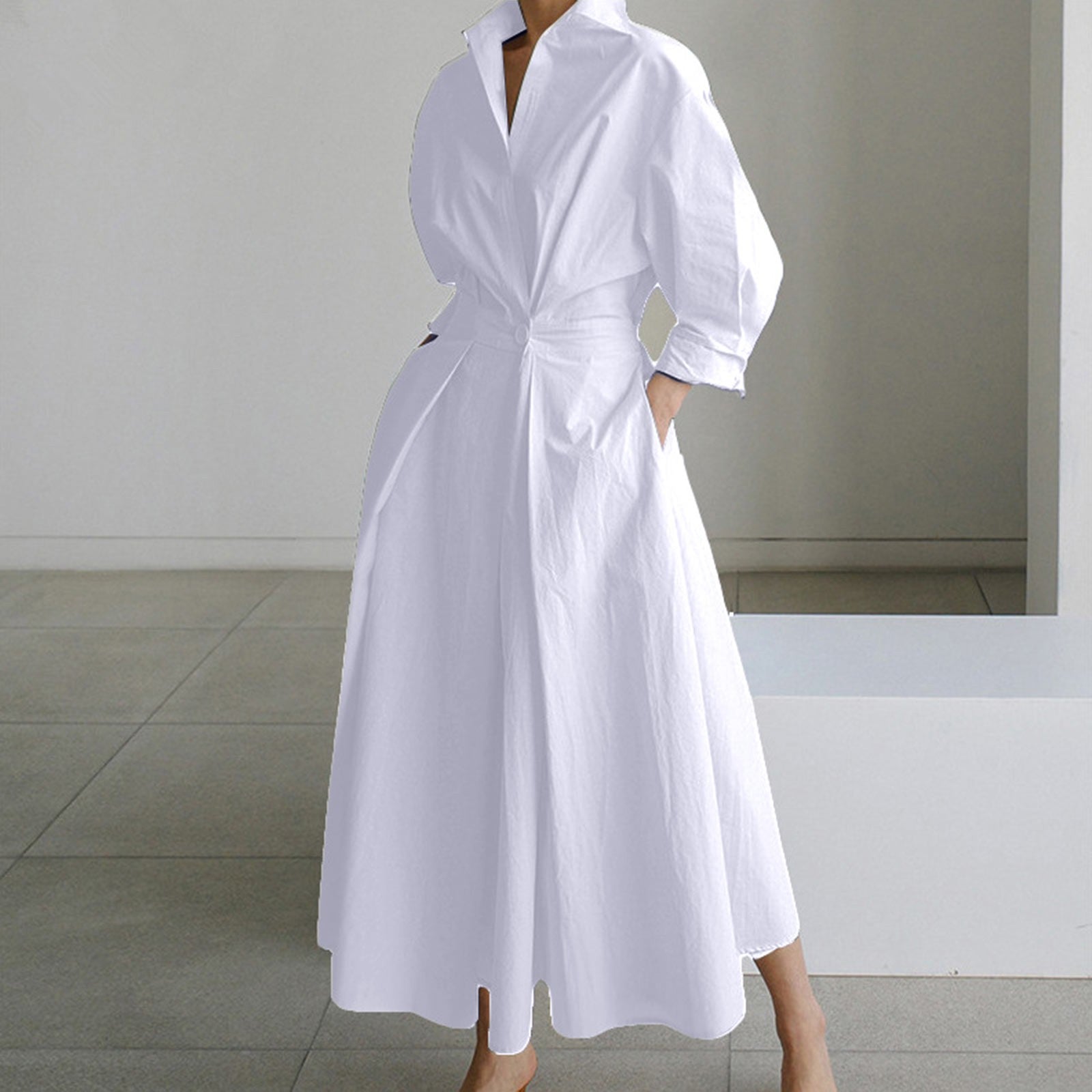 Women Long Sleeve White Shirt Dress 2024 Summer Autumn Casual Lapel Wrap Dresse image 2