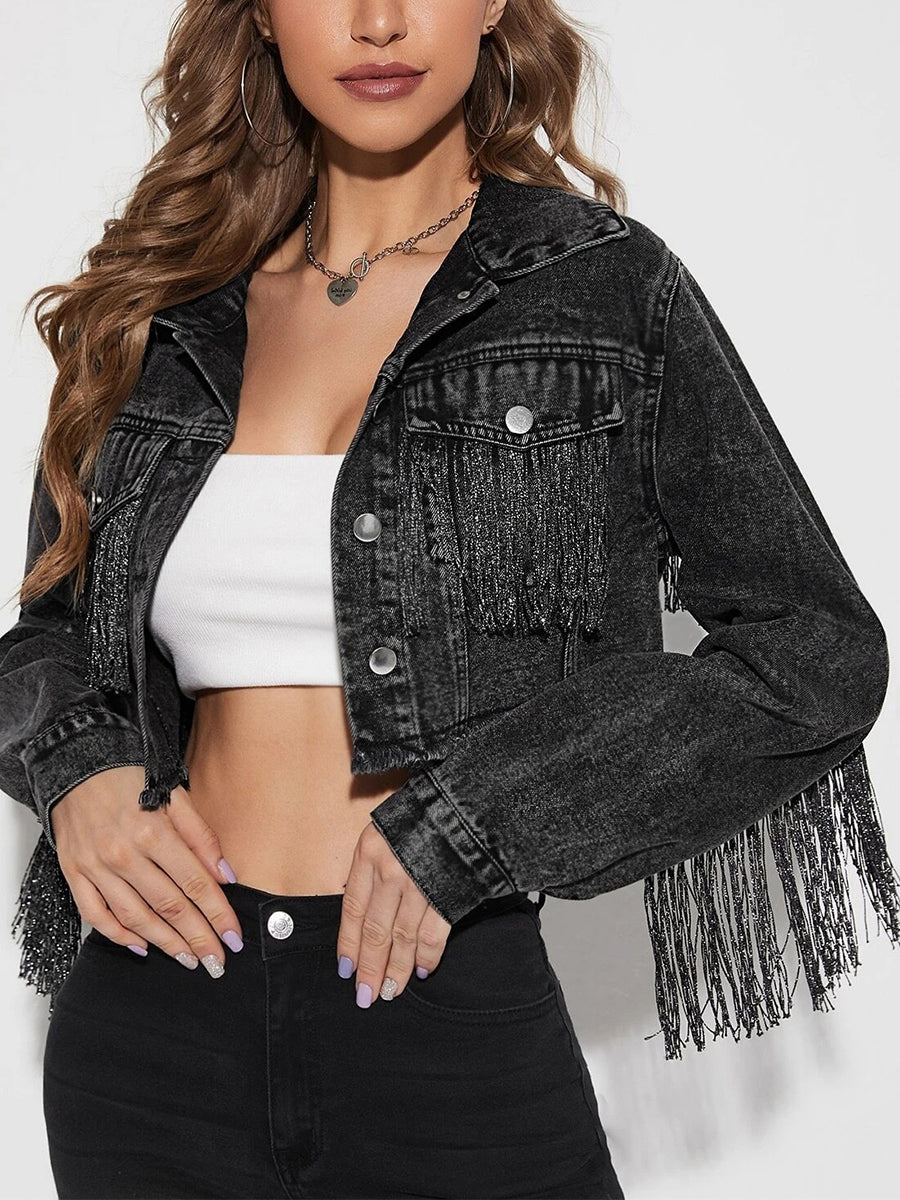Women s Denim Jacket with Long Sleeves Turn-down Collar Button Closure and Tass image 4
