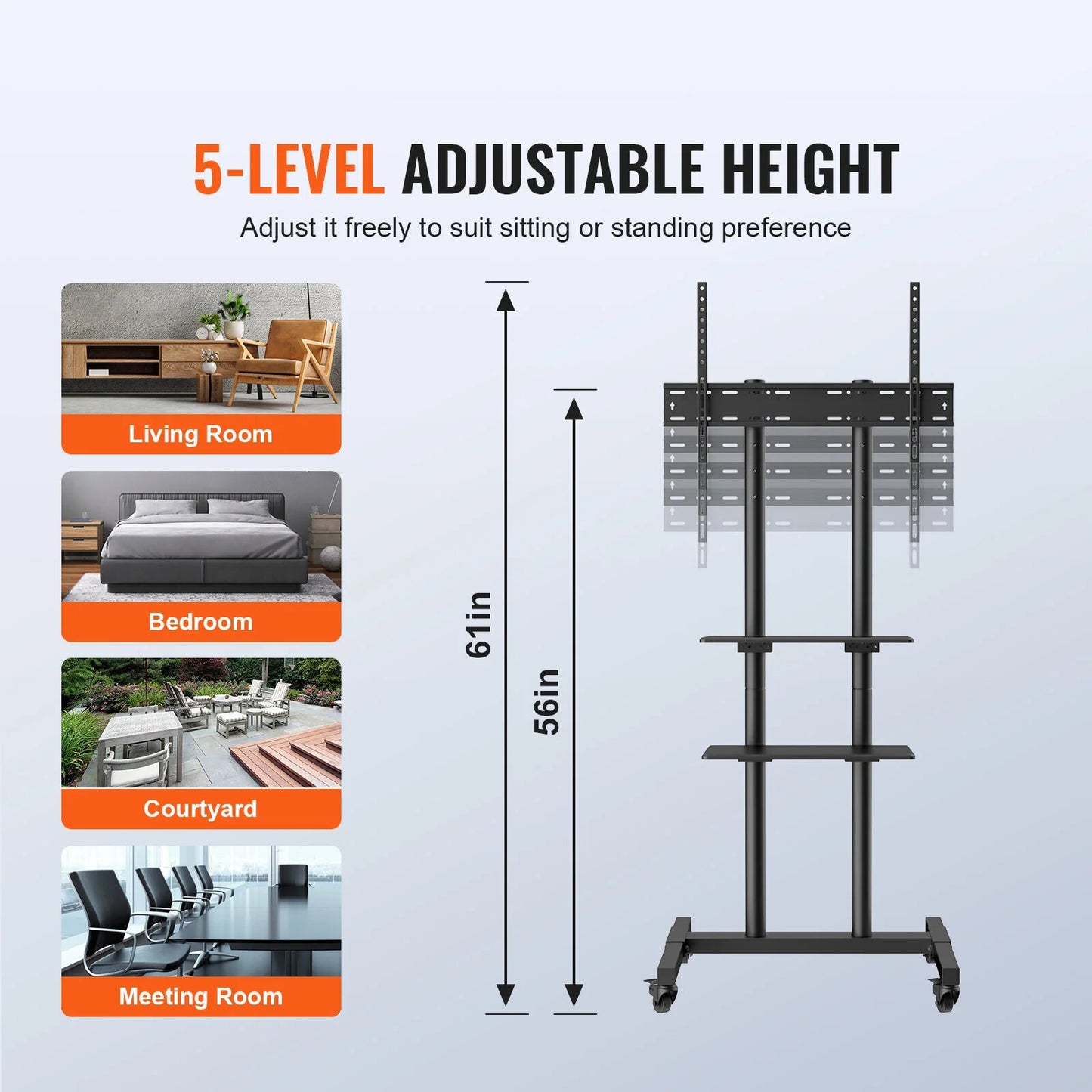 VEVOR Mobile TV Stand Height Adjustable TV Stand with Wheels Double Tray for Au image 4