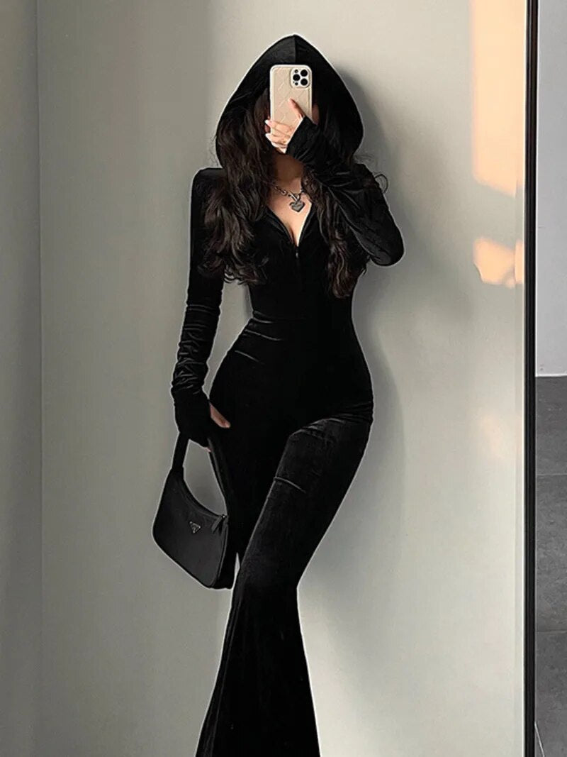 TVVOVVIN Fashion Black Velvet Slim Hooded Zipper Long Sleeve Flare Pants Jumpsu image 6