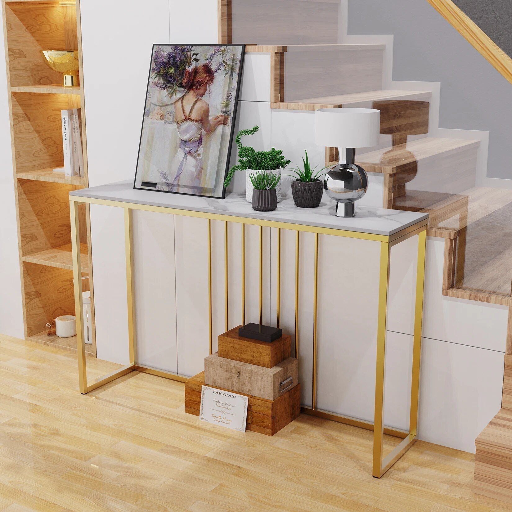 47.2" Extra Long Console Table Sintered Top Gold Metal Leg Sofa Table for Hallw image 3
