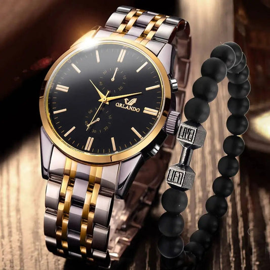 2PCs Fashion Business Big Dial Men's Room Gold Steel Band Quartz Wristwatch wit image 0