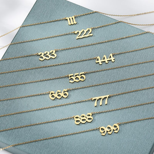 Old English Angel Number Necklaces For Women Men Gold Color Stainless Steel image 0