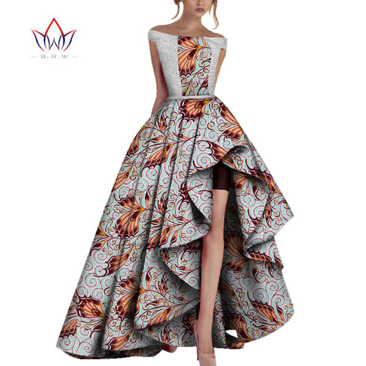 Bintarealwax Dashiki African Dresses for Women Africa Print Off Shoulder Cap Sl image 0