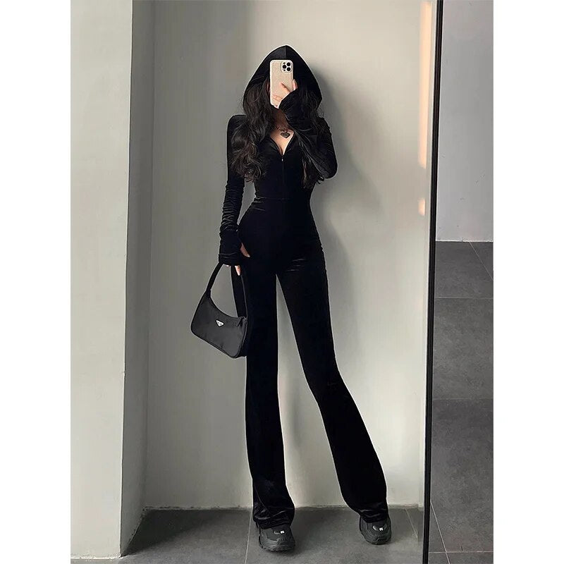 TVVOVVIN Fashion Black Velvet Slim Hooded Zipper Long Sleeve Flare Pants Jumpsu image 0