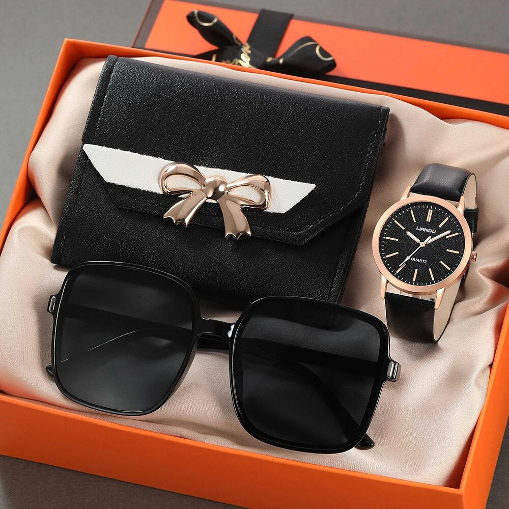 3PCS Set Women Casual Leather Watches Quartz Wristwatches & Ladies Heart Bow Wa image 0