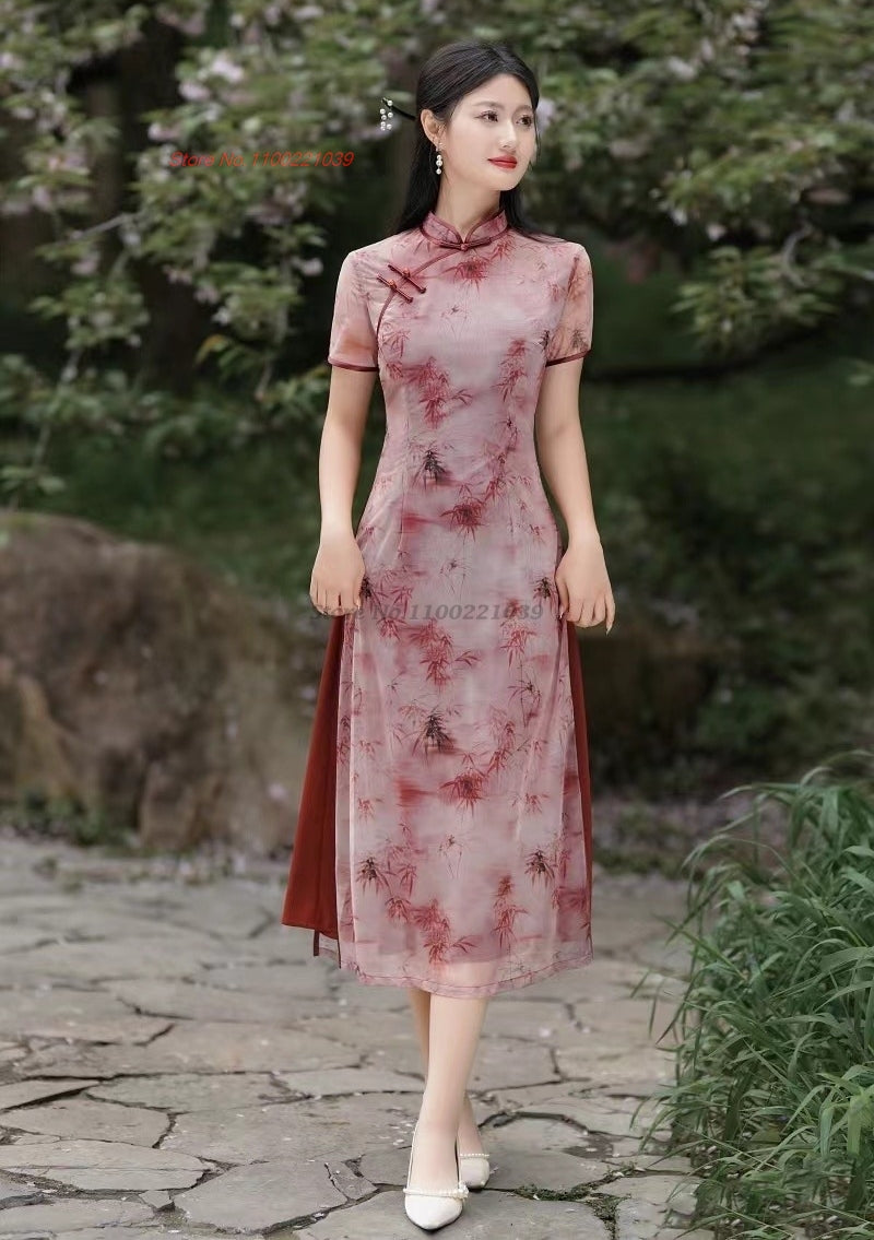 2024 chinese improved qipao national flower print vietnam ao dai dress traditio image 2