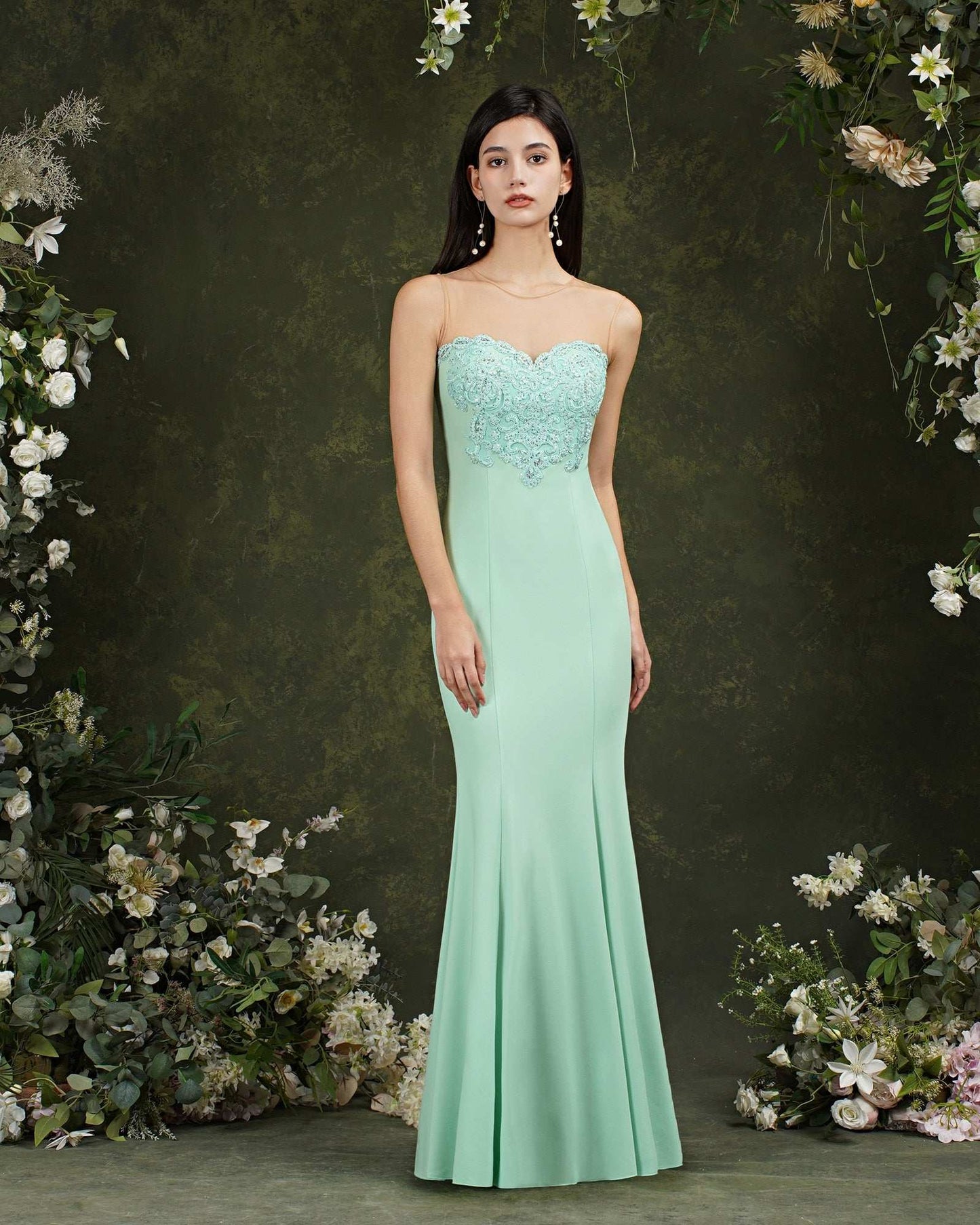 BABYONLINE Mermaid Bridesmaid Dresses Mint Green Gold Appliqués Beads Sweethear image 6