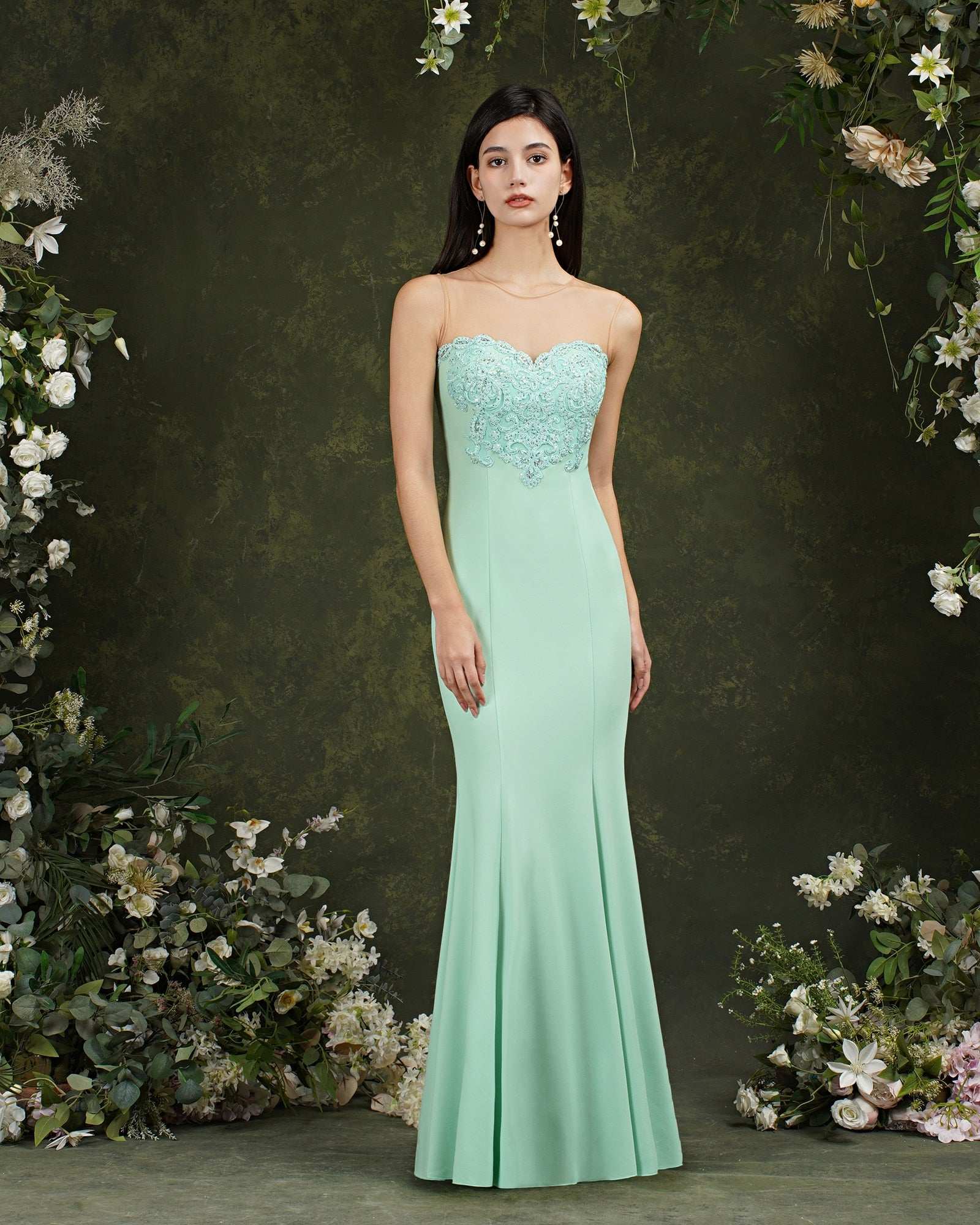 BABYONLINE Mermaid Bridesmaid Dresses Mint Green Gold Appliqués Beads Sweethear image 6