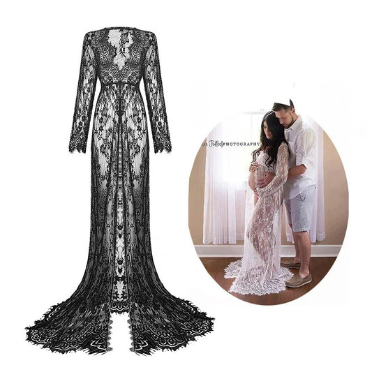 Women Front Split Long Maxi Maternity Lace Dress Pregnant Gown Photography Prop image 0