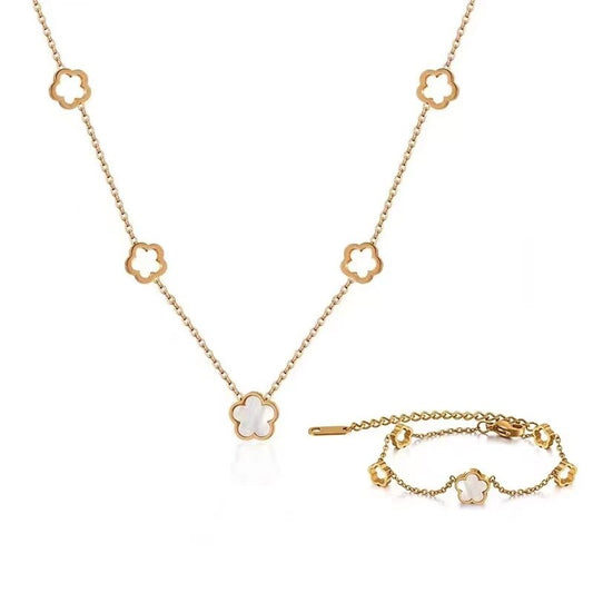 White Shell Flower Necklace Bracelet 2 Pc Set Natural Shell Gold Plated Link Ch image 0