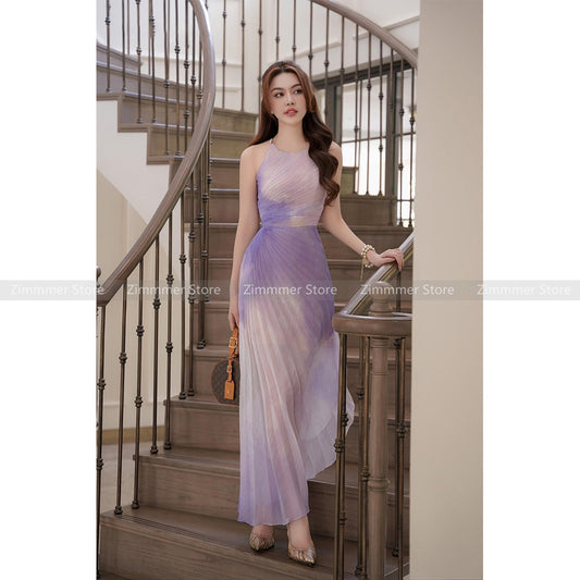 Vietnam niche light luxury 2024 summer new round neck pleated design waisted dr image 0