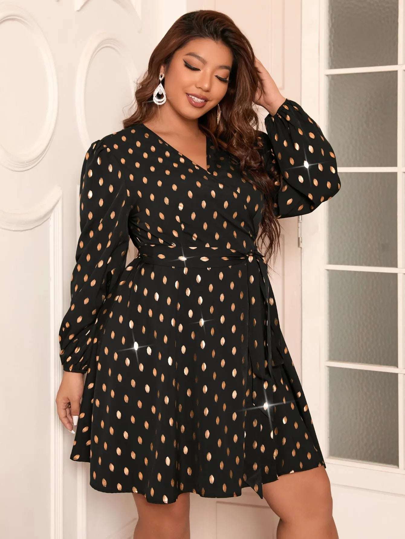 Finjani Plus Size Women's Dress Gold Print Surplice Neck Lantern Sleeve Belted image 4