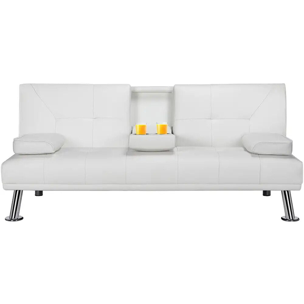 LuxuryGoods Modern Faux Leather Futon with Cupholders and Pillows, Black image 3