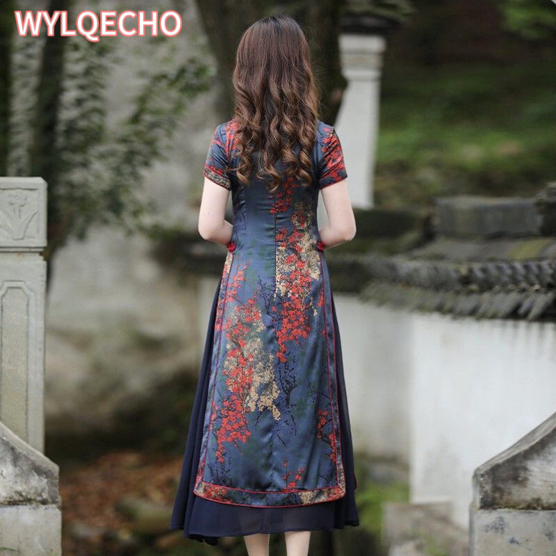 Vintage Vietnam Traditional Ao Dai Flower Print Chiffon Long Cheongsam Chinese  image 3