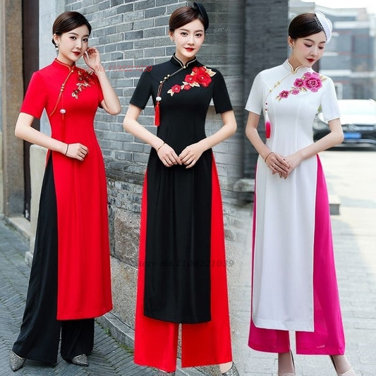 2024 vietnam woman ao dai dress chinese elegant cheongsam dress+pants set vinta image 0