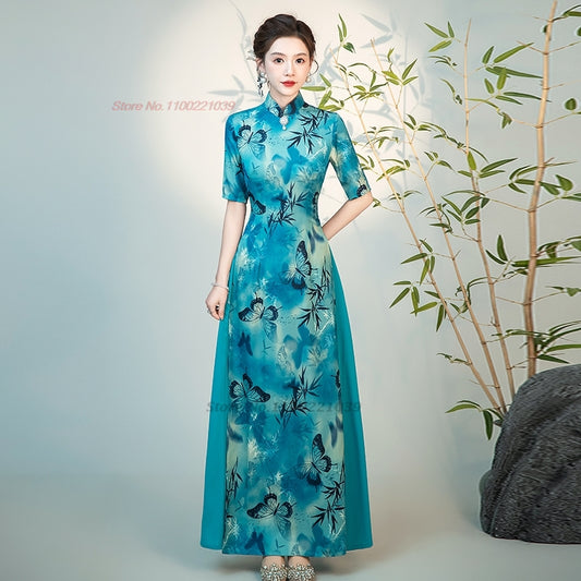 2024 chinese improved qipao dress national flower print vietnam ao dai dress el image 0