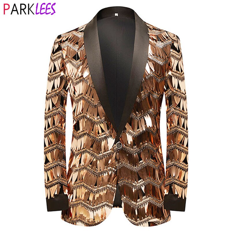 Mens Luxury Wave Striped Gold Sequin Blazer Jacket Shawl Lapel One Button image 5