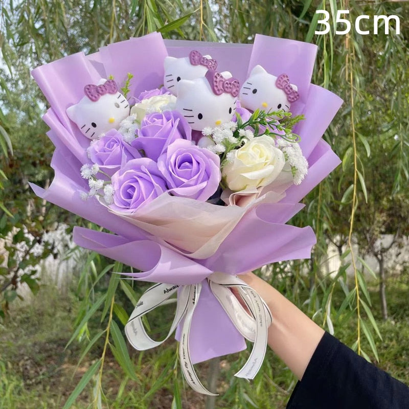 Kawaii Hello Kitty Cat Plush Dolls  Rose Soap Flowers Bouquet Christmas Valenti image 5