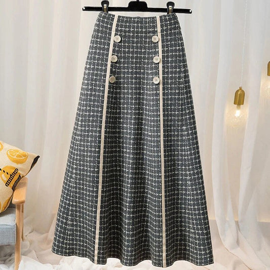 Falda de punto con botones a cuadros de cintura alta para mujer, moda de otoño e invierno, nueva, de talla media-larga