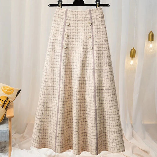 Falda de punto con botones a cuadros de cintura alta para mujer, moda de otoño e invierno, nueva, de talla media-larga