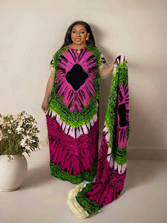 Vestido caftán maxi con estampado floral de talla grande, elegante cuello redondo y mangas murciélago