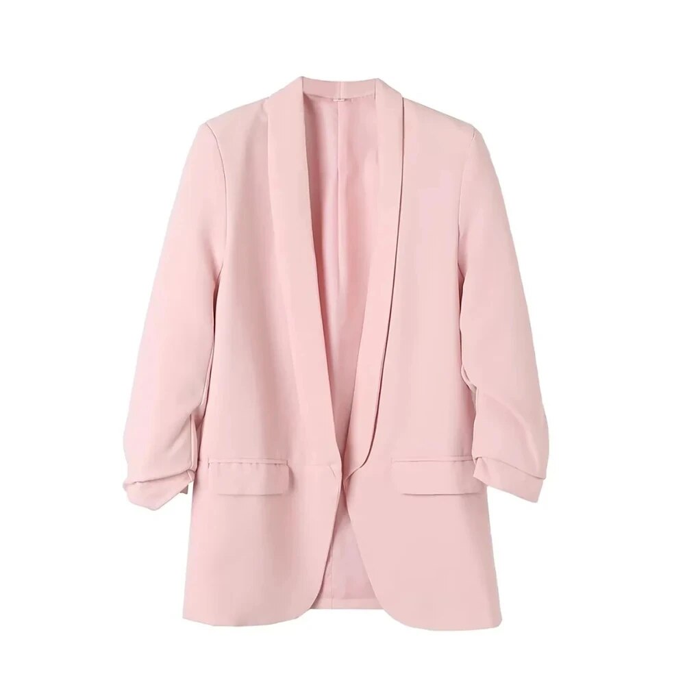TRAF Mujeres Moda Oficina Ropa Blazer Abierto Abrigo Vintage Mangas Largas Plisadas Fl