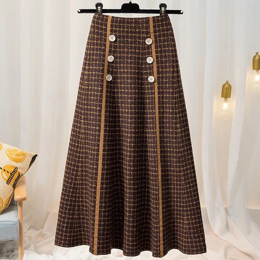 Falda de punto con botones a cuadros de cintura alta para mujer, moda de otoño e invierno, nueva, de talla media-larga