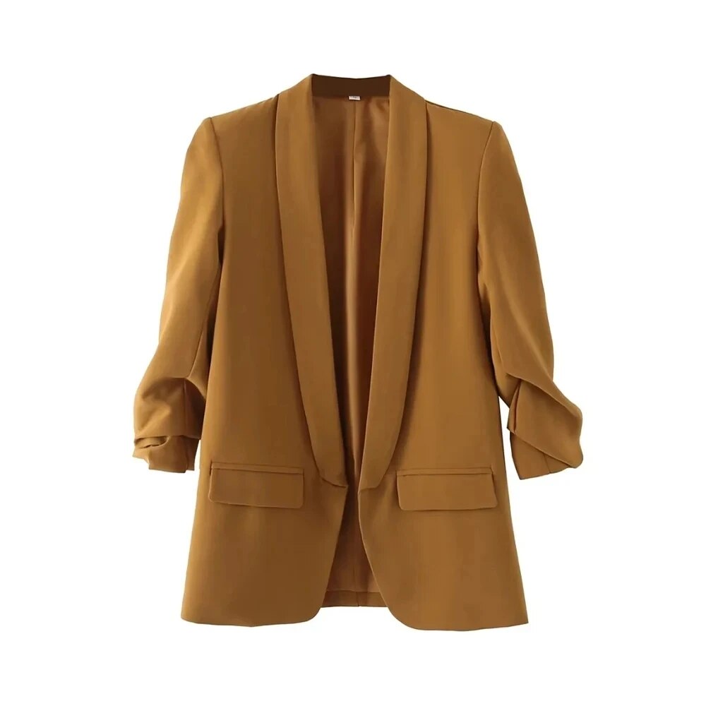 TRAF Mujeres Moda Oficina Ropa Blazer Abierto Abrigo Vintage Mangas Largas Plisadas Fl