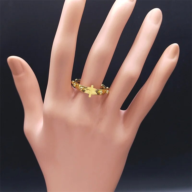 Christian Christ Jesus Cross Ring Stainless Steel Gold Color Lord Prayer Cathol image 3