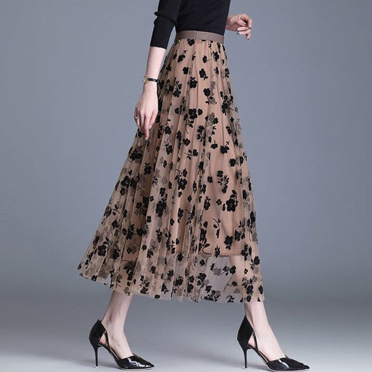 Mesh Floral Skirt For Women 2023 Autumn Winter Lace Flocking Big Swing Elastic image 0