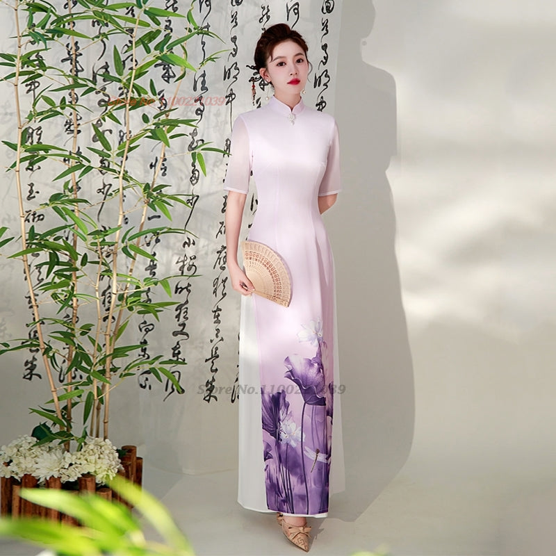 2024 vietnam aodai dress traditional chinese vintage qipao dress women flower p image 1