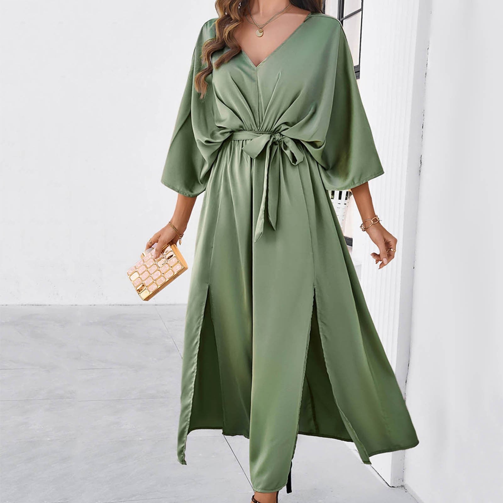 Temperament Women's Solid Color Slim Long Dress V Neck Half Sleeve Split Dresse image 6