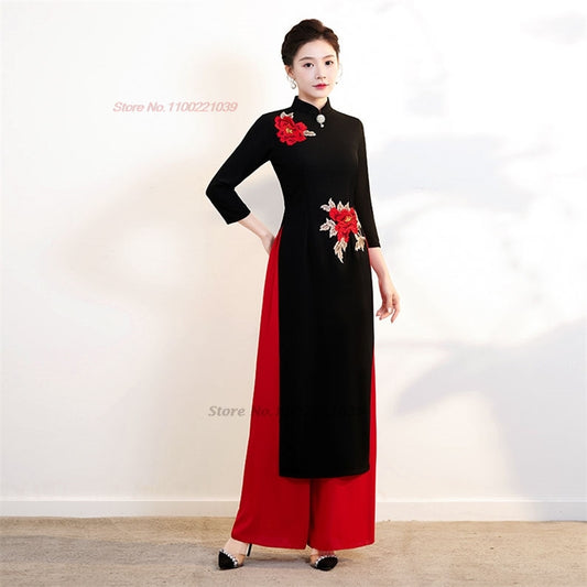 2024 vietnam vintage dress national flower embroidery oriental qipao dress+pant image 0