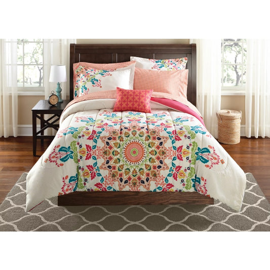 Mainstays Coral Medallion 8 Piece Bed in a Bag Comforter Set With Sheets, Queen image 0