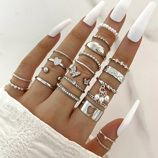 21Pcs Gold Color Heart Rings Set Women Vintage Cross Butterfly Pearl Geometric  image 0