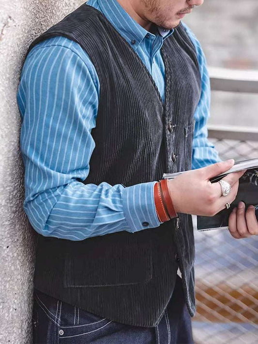 Classy Button-up V Neck Corduroy Waistcoats Men Autumn Casual Solid Color Sleev image 0