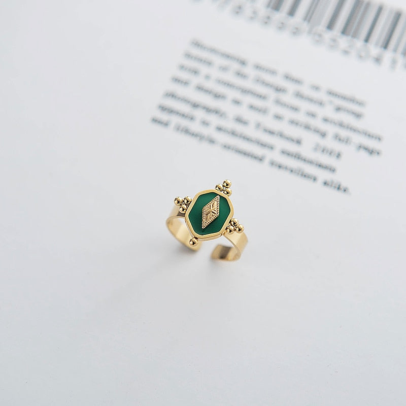 Stainless Steel Gold Plated Geometric Open Rings For Women Vintage Green Enamel image 8