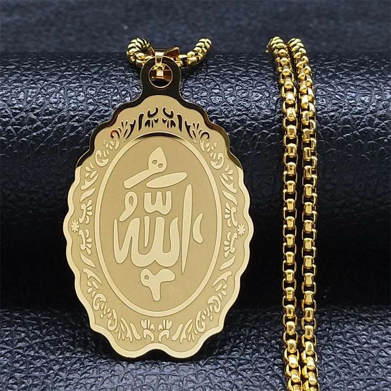 Muslim Islamic Quran Allah Stainless Steel Statement Necklace for Men Gold Colo image 6