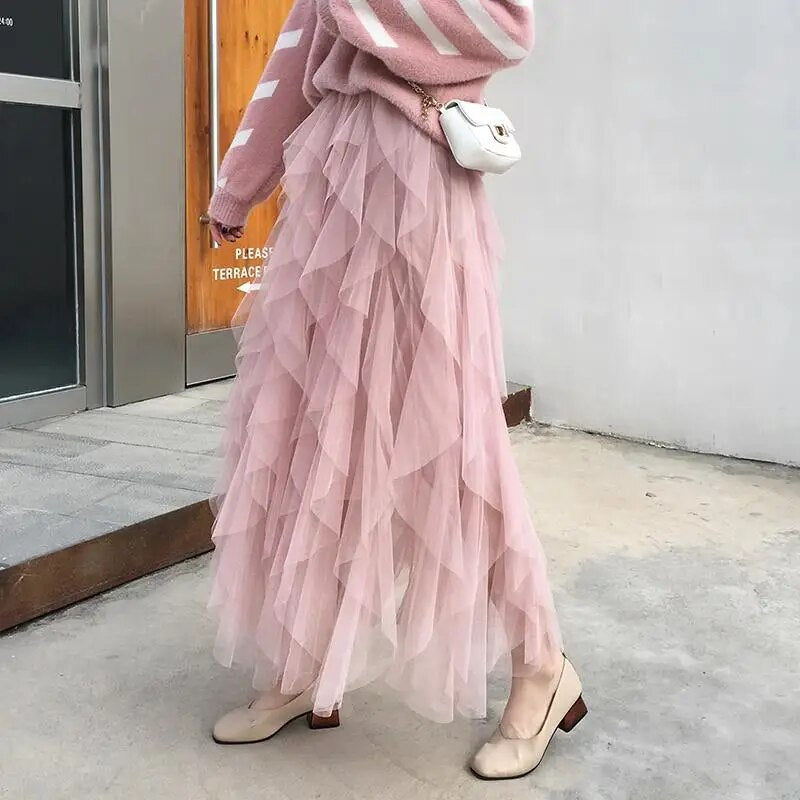 Tutu Tulle Long Maxi Skirt Women Fashion Korean Cute Pink High Waist Pleated Sk image 4