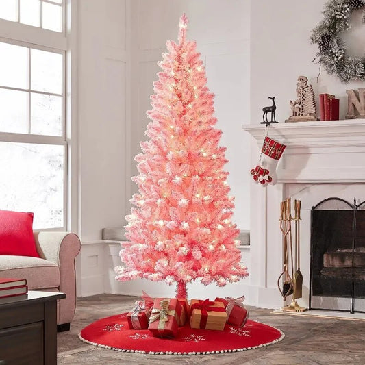 6.5 ft Pre-Lit Pink Flocked Pine Artificial Christmas Tree, 200 Clear Lights, P image 0